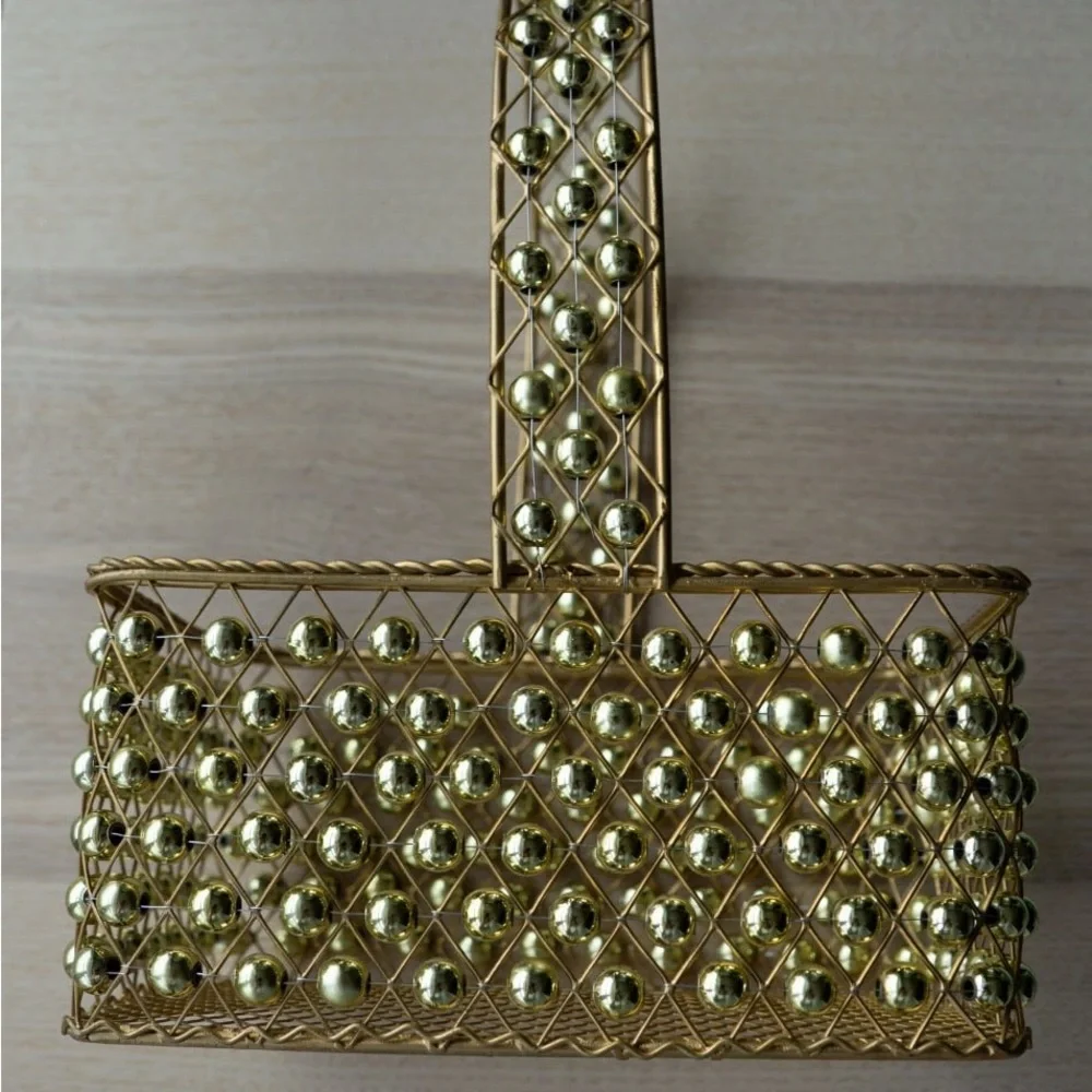 Gold Beaded Wire Decorative Basket with Handle